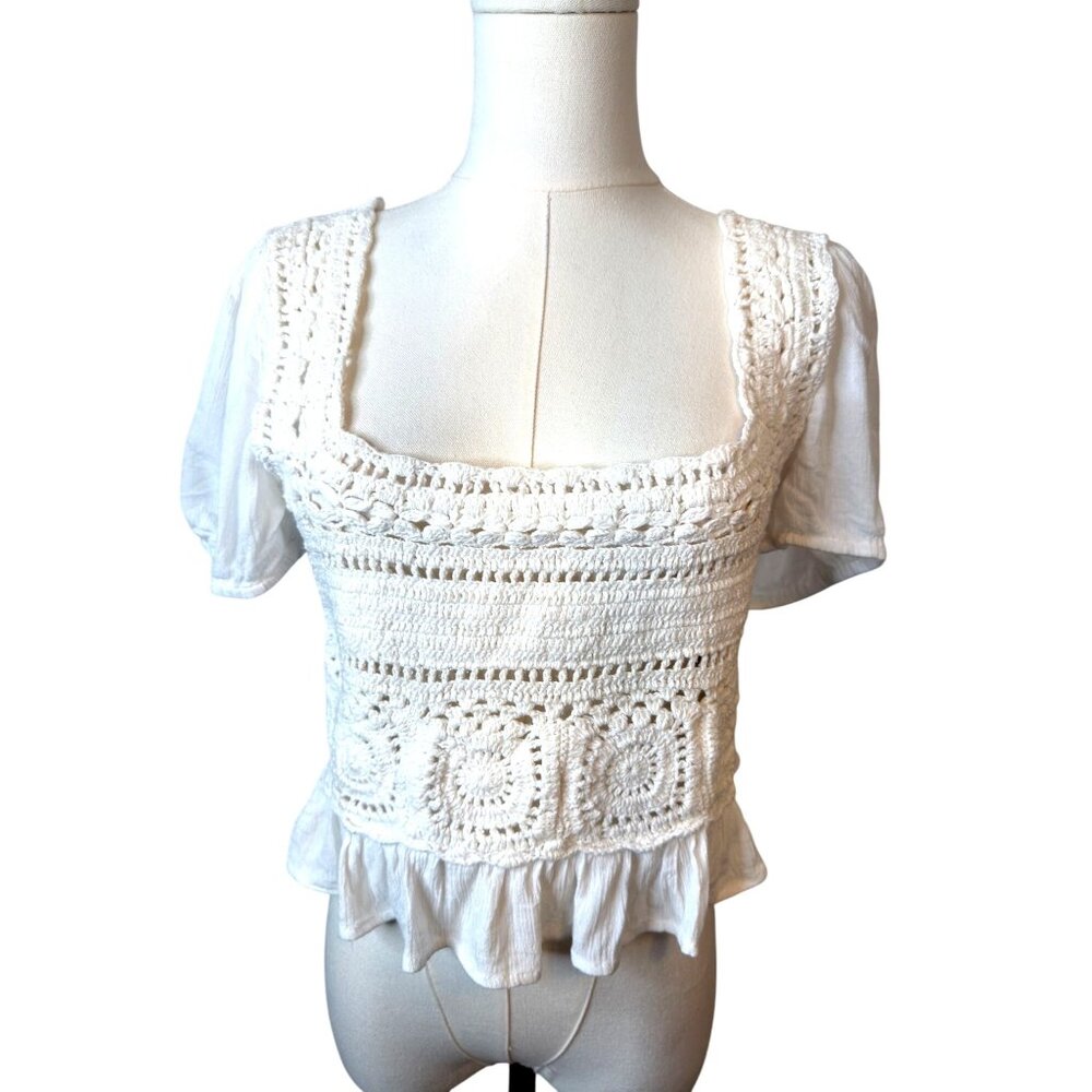 Sim & Sam Womens Crochet & Ruffle Top XL White